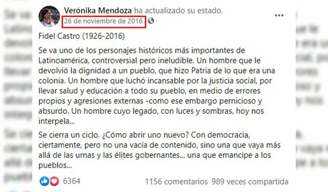 Mensaje emitido por Mendoza en 2016. Foto: captura en Facebook / Verónika Mendoza.