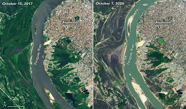 Comparación del río Paraguay entre los años 2017 y 2020. AP dijo que sus niveles no habían caído tan bajo en medio siglo | Foto: NASA