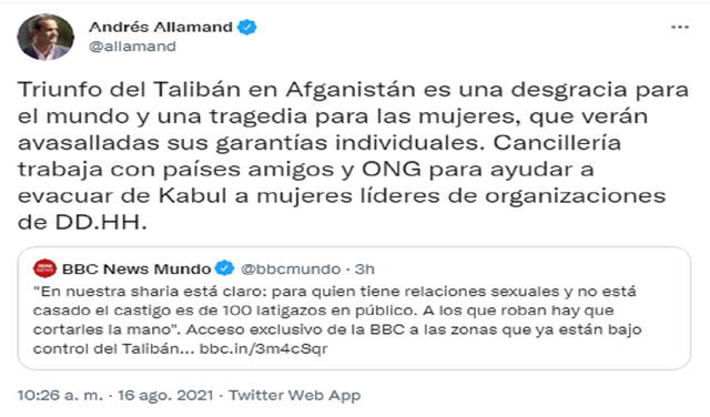 El pronunciamiento de Chile sobre la situación en Afganistán. Foto: @allamand/Twitter