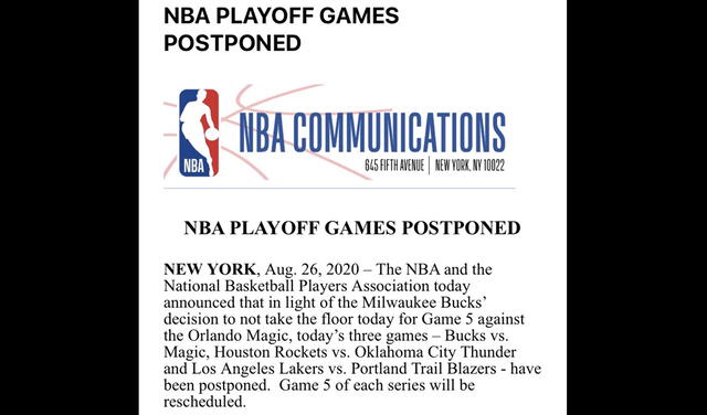 NBA Playoffs 2020: NBA anuncia la suspensión de los juegos de HOY tras protesta de los jugadores