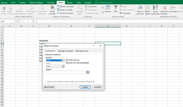 Pasos para crear una lista desplegable en Excel. Foto: captura