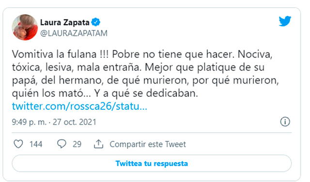 27.10.2021 | Tuit de Laura Zapata sobre lo dicho por Yolanda Andrade. Foto: captura Laura Zapata / Twitter