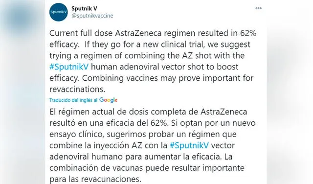 Potencial vacuna Sputnik V sugiere combinación con Astrazeneca para “aumentar eficacia”