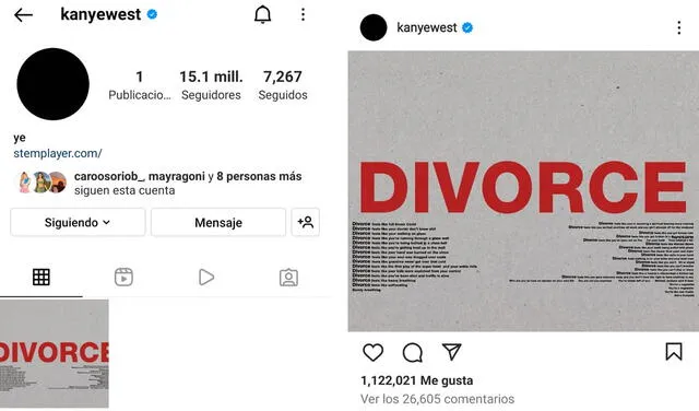 Kanye West eliminó todo su contenido de Instagram y solo dejo el poema DIVORCE sobre Kim Kardashian. Foto: captura YE/Instagram