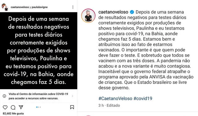 26.12.2021 | Publicación de Caetano Veloso confirmando que tiene COVID-19. Foto: Caetano Veloso/Instagram
