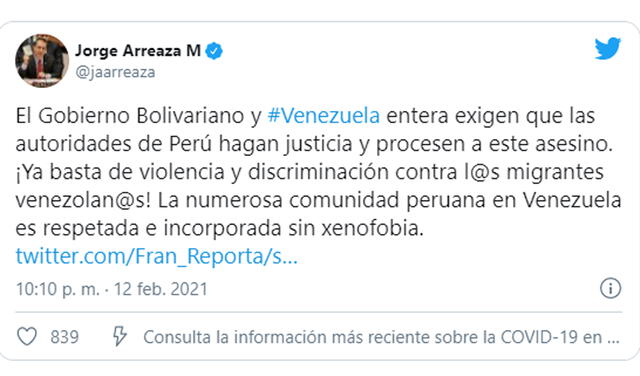 Publicación en Twitter del canciller venezolano Jorge Arreaza. Foto: captura Twitter