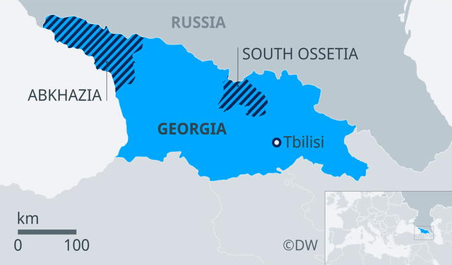 Ubicación de Abjasia y Osetia del Sur en el mapa de Georgia. Las tropas rusas entraron a ambas regiones en 2008. Foto: DW