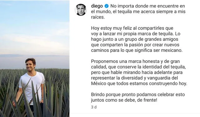 22.12.2021 | Publicación de Diego Boneta anunciando su tequila. Foto: captura Diego Boneta/Instagram