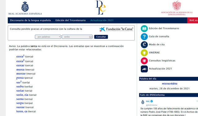 La palabra 'serca' no aparece en el diccionario de la RAE, pero si lo hace 'cerca'. Foto: captura de dle.rae.es