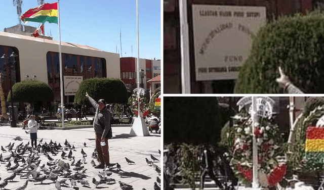 Izquierda: foto viral. Derecha superior: nombre de la municipalidad.Derecha inferior: arreglos florales.   