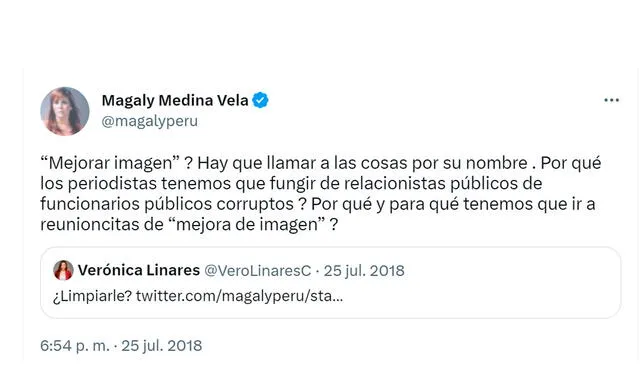 Magaly Medino cuestionó la posición de Verónica Linares al decir que buscaba "mejorar la imagen" de funcionarios ligados a casos de corrupción. Foto: captura Twitter<br> 