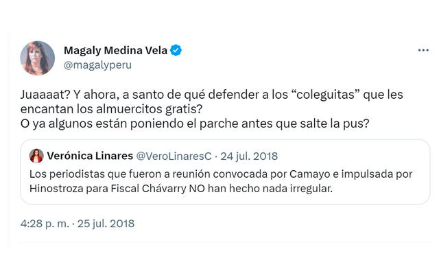 Magaly Medina reaccionó al tuit de Verónica Linares. Foto: captura Twitter   