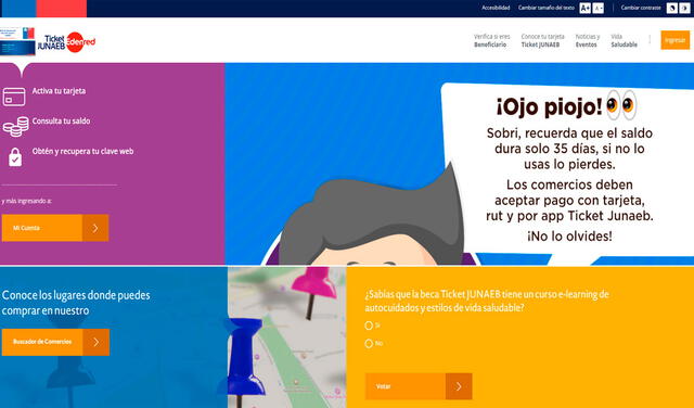 Portal de EDENRED para la activación de las tarjetas Junaeb. Foto: captura   