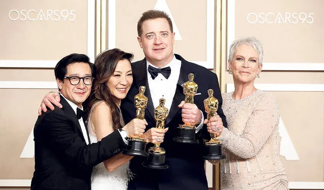  Puro Óscar. Los ganadores: Brendan Fraser, Jamie Lee Curtis, Michelle Yeoh y Ke Huy Quan. Foto: difusión   
