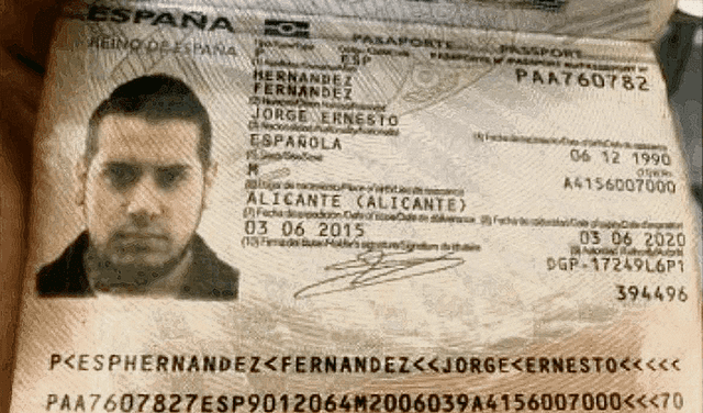  Identificado. Pasaporte del español Jorge Hernández Fernández. Foto: La República   