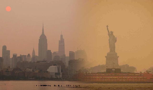 Debido a los incendios forestales en Canadá, Nueva York tiene una gran cantidad de humo. Foto: composición LR/@Centinela_35/@gfrias/Twitter   