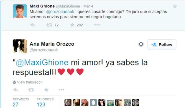  Maxi Ghione le pidió matrimonio a Ana María Orozco por Twitter. Foto: captura de Twitter<br><br>    