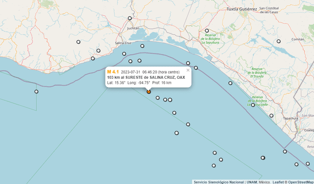 Epicentro del sismo en México, este lunes 31 de julio. Foto: SSN   