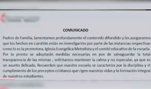 Comunicado del colegio en Piura difundido en la edición de América Televisión el último lunes 7 de agosto. Foto: América TV   