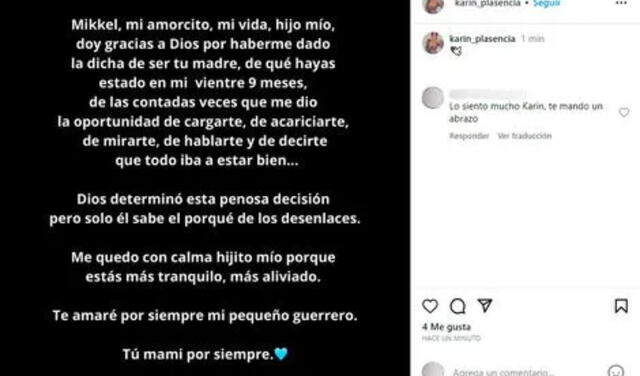  Karin Plasencia se pronunció en redes sociales sobre el fallecimiento de su hijo. Foto: composición LR/Karin Plasencia/Instagram    