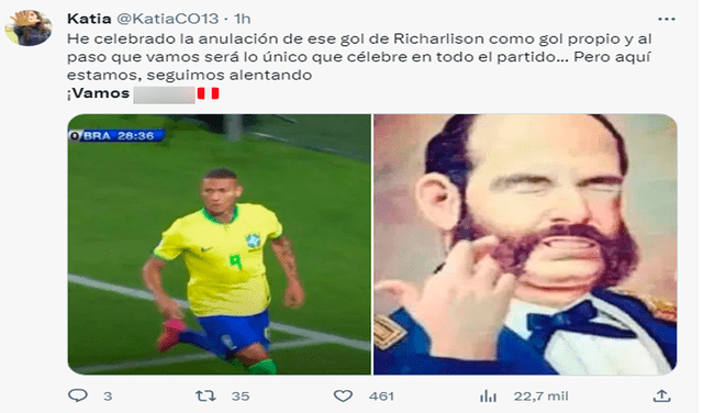    El encuentro entre Perú y Brasil por las Eliminatorias 2026 dejó estos divertidos memes. Foto: Twitter      