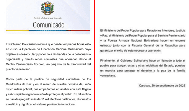  Comunicado del Gobierno de Venezuela sobre la intervención en la cárcel de Tocorón, en el estado Aragua. Foto: Gobierno de Venezuela/X<br><br>    