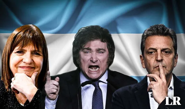 Los aspirantes que se disputan el primer lugar son Javier Milei, Sergio Massa y Patricia Bullrich. Foto: composición LR/AFP   