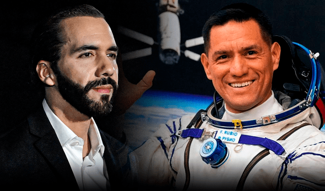  Bukele publicó la charla con el astronauta Frank Rubio en Twitter. Foto: composición LR/AFP<br>    