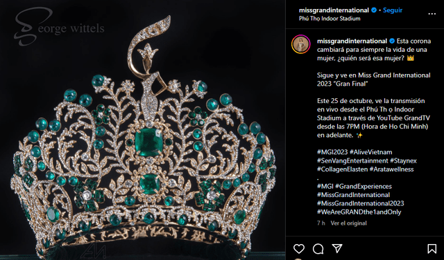 Corona del Miss Grand International 2023. Foto: Instagram/MGI 