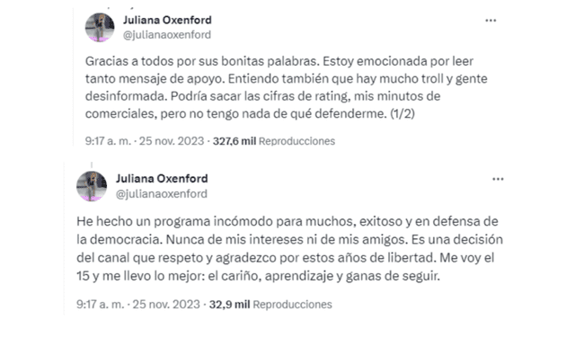  Juliana Oxenford señaló que "hizo un programa en defensa de la democracia y nunca de sus intereses". Foto: Juliana Oxenford/X 