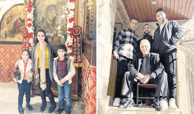 Lourdes Zeidan Hani junto a sus hijos en la Iglesia de la Natividad, en Belén. e Isaac Zorob, dueño de una pollería en Belén, con sus tres hijos.   
