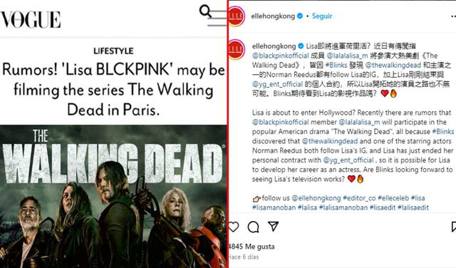 VOGUE y ELLE hablaron sobre los rumores de que Lisa estaría en 'The Walking Dead: Daryl Dixon'. Foto: composición LR/VOGUE Thailand/Instagram/ELLE Hong Kong   