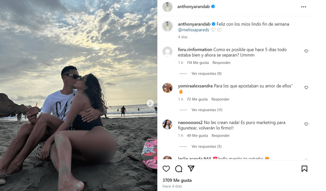  Anthony Aranda y Melissa Paredes demostraban su amor en redes sociales a cuatro días de su ruptura. Foto: Instagram/Anthony Aranda   