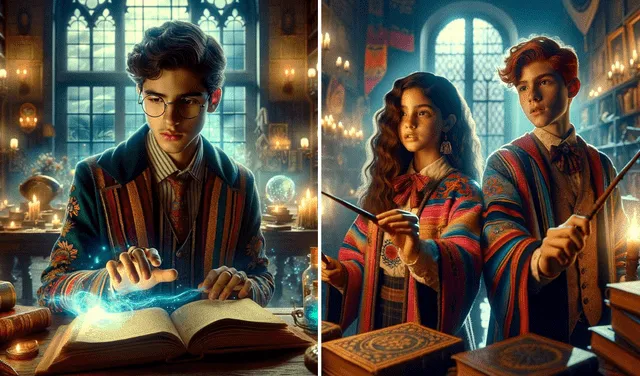 Hermione Granger junto con Ron Weasley en una escuela de magia en versión mexicana, según la IA. Foto: composición LR/Dalle-E   