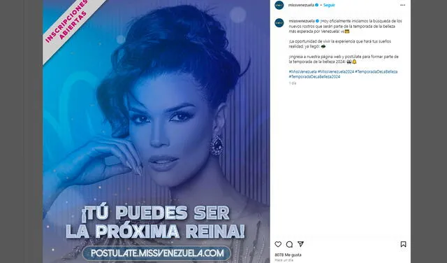 Iniciaron las inscripciones para el Miss Venezuela 2024. Foto: Instagram.   