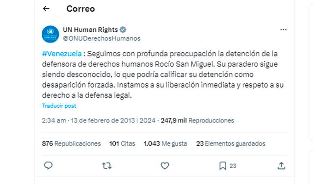 ONU pide la liberación de la activista en derechos humanos Rocío San Miguel, quien fue capturada por la presunta conspiración en contra de Nicolás Maduro. Foto: X.   