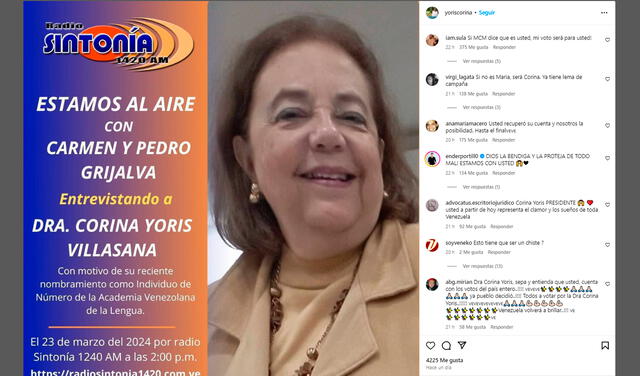  Corina Yoris ha sido elogiada por miles de venezolanos tras ser anunciada como candidata presidencial en reemplazo de María Corina Machado. Foto: composición LR/Instagram.    