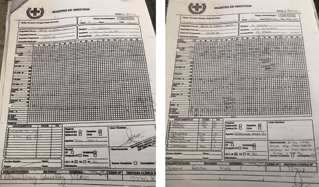  Los registros sobre la anestesia que el Dr. Vásquez firmó antes de intervenir a Kiara. Foto: composición LR.   