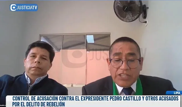  Pedro Castillo junto con su abogado Luis Medrano. Foto: captura Justicia TV    
