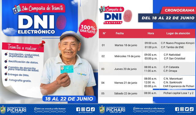 La Municipalidad de Pichari realizará una campaña gratuita para la obtención del DNIe. Foto: Facebook Municipalidad de Pichari    