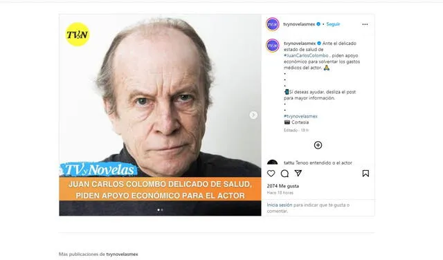 Publicación de TVynovelasmex sobre el actor, Juan Carlos Colombo. Foto: Instagram/ TVynovelasmex   