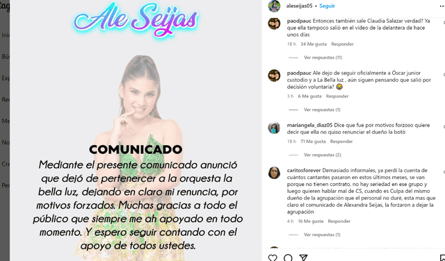 Anuncio de Ale Seijas sobre su renuncia a La Bella Luz. Foto: captura Instagram/Ale Seijas   