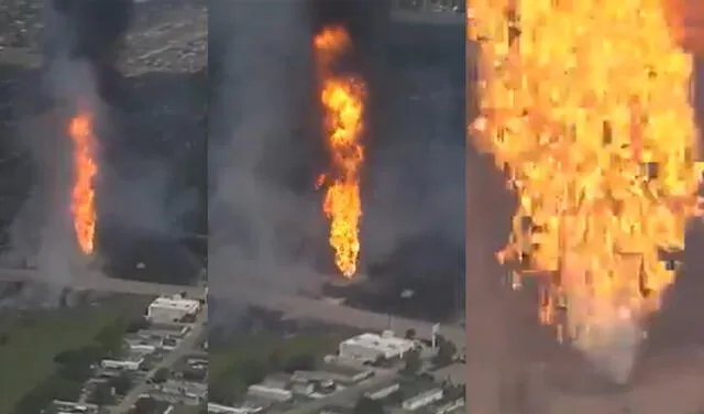  Fuerte incendio en un ducto de petróleo de una planta química en La Porte, Texas.Foto: captura de X    