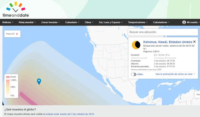Datos eclipse solar en Estados Unidos, 2 de octubre 2024. Foto: composición LR/Time and Date.   