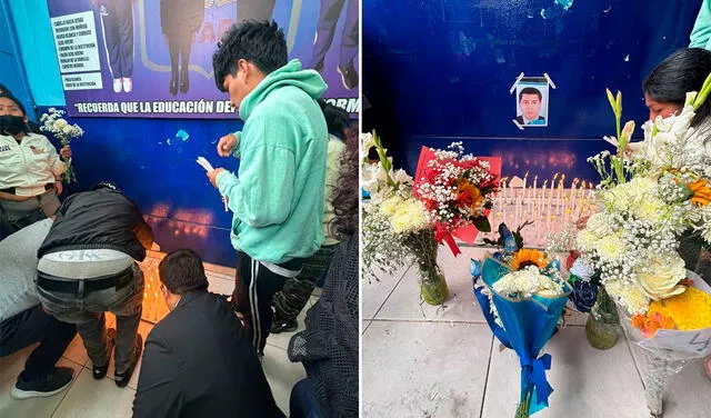 Alumnos y colegas del fallecido docentes se despiden con velas y flores. Foto: La República   