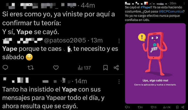  Usuarios de X (antes Twitter) sobre la caída de Yape el 26 de octubre. Foto: capturas de pantalla   