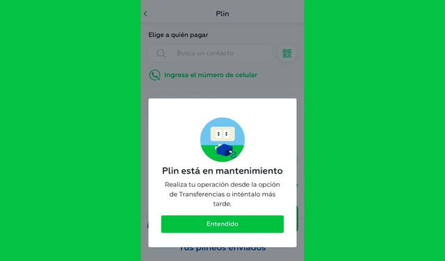  Mensaje de error al ingresar a Plin desde la app de Interbank. Foto: captura   