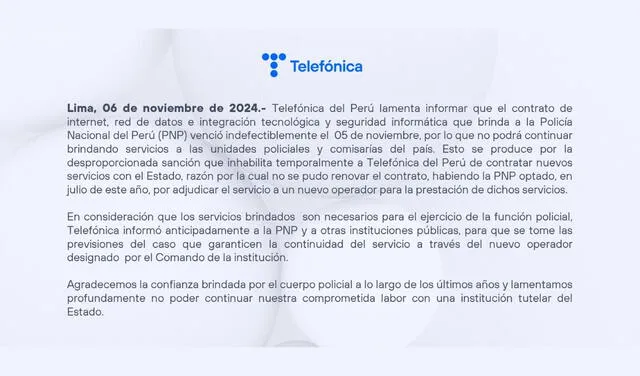  Comunicado de Telefónica informando el fin de su papel como proveedor del servicio de internet a la PNP. Foto: difusión    