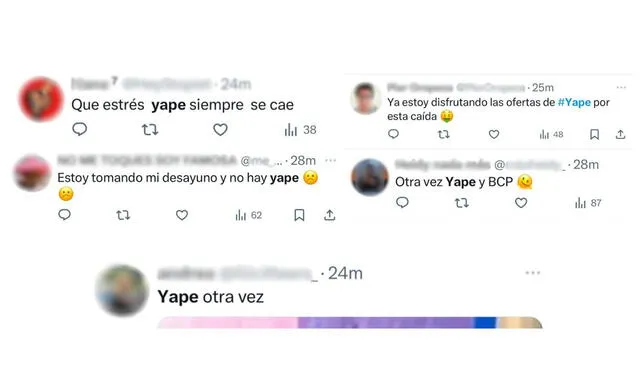  Usuarios en redes sociales dando cuenta de la caída de Yape. Foto: X   