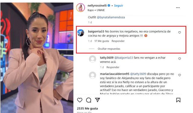  Nelly Rossinelli fue encarada por Sergio Baigorria en Instagram. Foto: Nelly Rossinelli/Instagram   